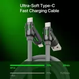 USB 4-in-1 Schnelllade-Kabel 30W | USB-C zu USB anti-verwickelndes Silikon RGB-LED Multi-Geräte-Kompatibilität und langlebig (2 m) - Grau